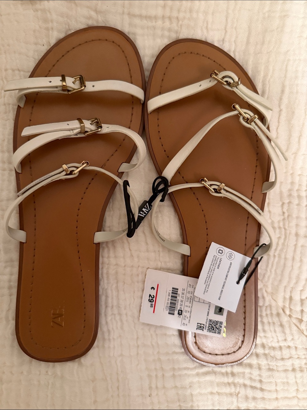 ZARA White Multi-Strap Flat Sandals with Gold Accents